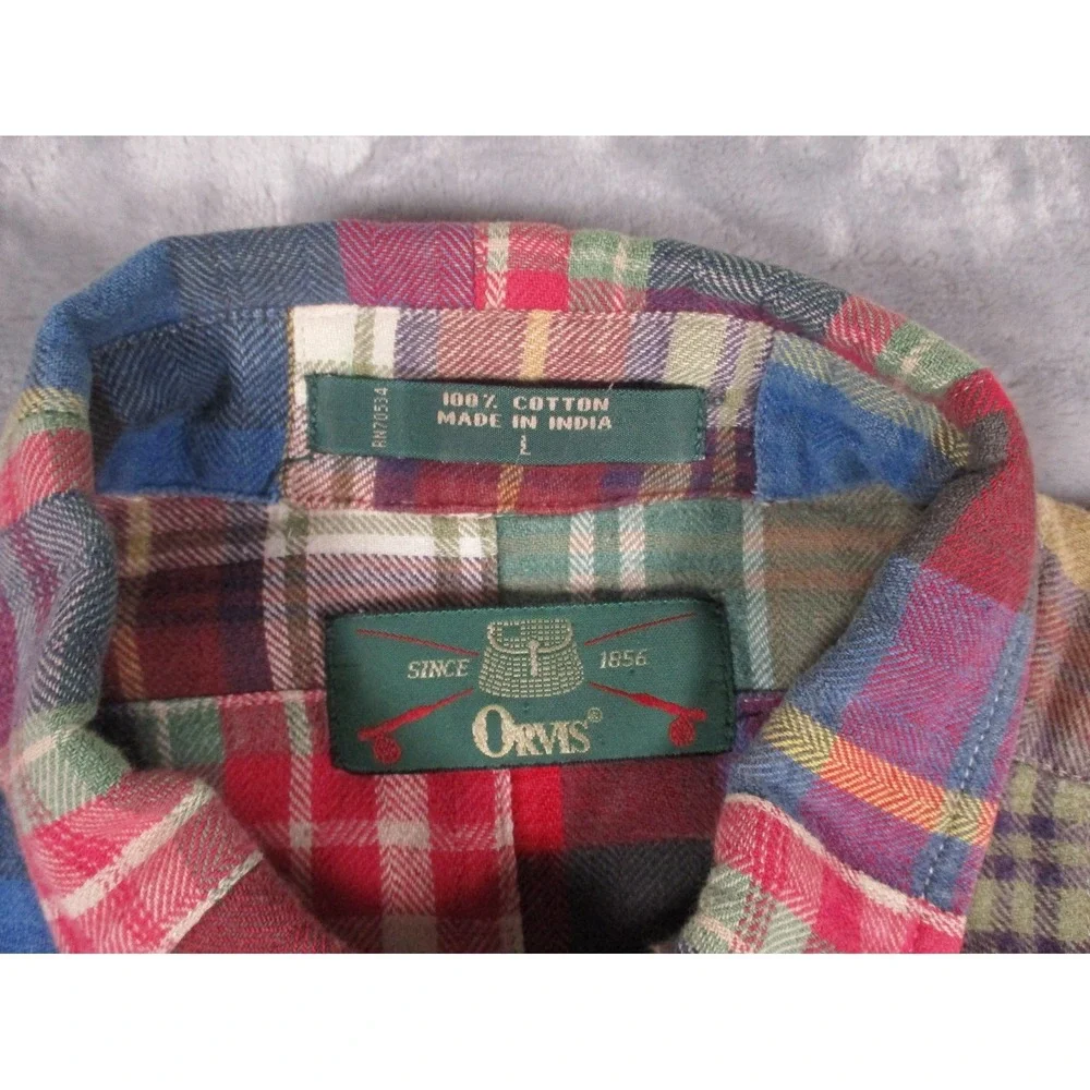 Orvis Patchwork Flannel Plaid Shirt Men's L Button Down 2000's - Picture 8 of 9